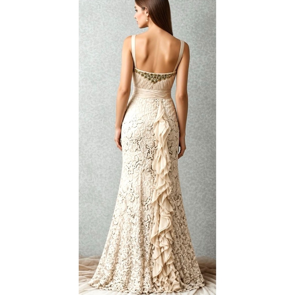 Vintage Aesthetic Lace Mermaid Gown - Sleeveless Ruffle Evening Dress - Champa - Picture 2 of 11